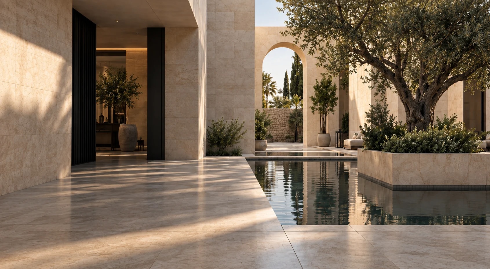 A limestone courtyard with an olive tree and reflecting pool