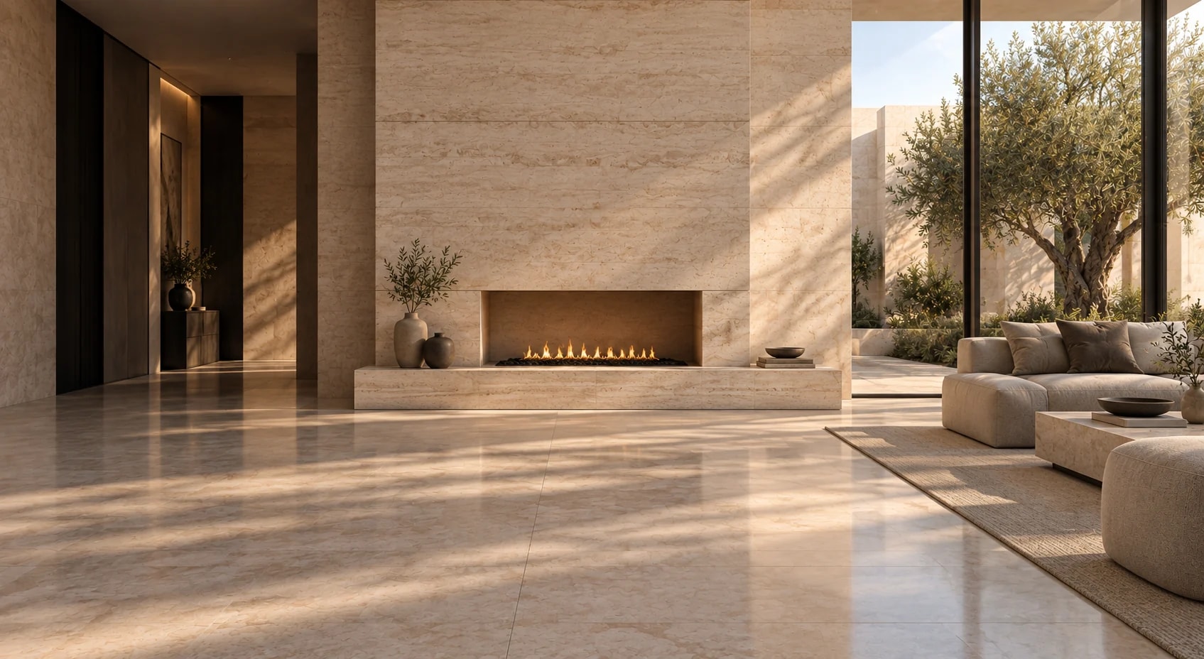 Natural stone walls and tiled floors in a light filled interior