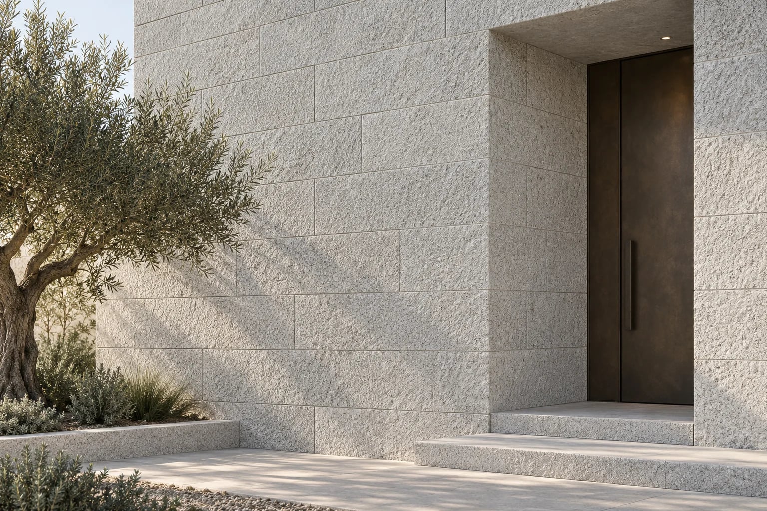 AI-generated stone facade illustration inspired by the pale Saudi Bushhammered sample